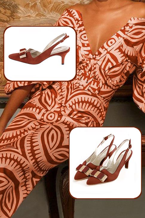 Women's terracotta orange and gold elegant slingback heels, with a bow on the front. Tapered toe. Medium slim heel - Worn view